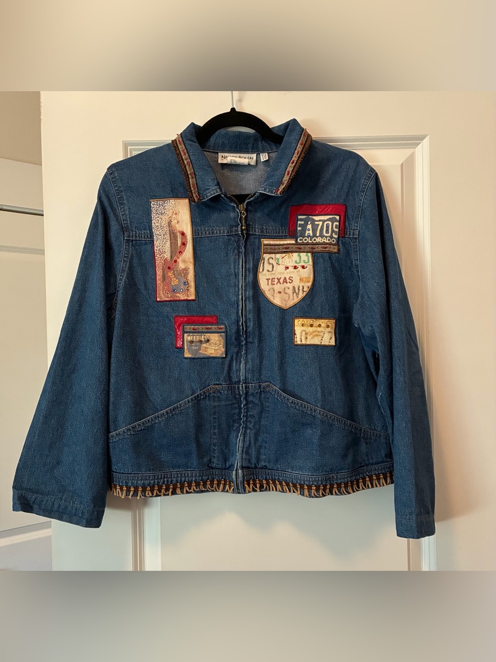 Women's Denim Jacket with Vintage Patchwork Accents